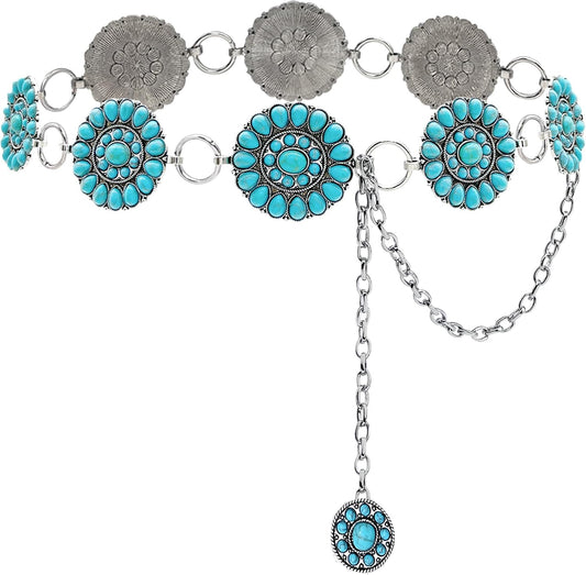 HOTTurquoise Chain Belt for Women, Western Cowgirl Concho Belt | Turquoise Concho Accents with Silver Chains for Western, Cowgirl, Rodeo, Festival and Denim Looks