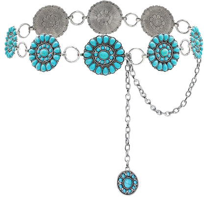 HOTTurquoise Chain Belt for Women, Western Cowgirl Concho Belt | Turquoise Concho Accents with Silver Chains for Western, Cowgirl, Rodeo, Festival and Denim Looks