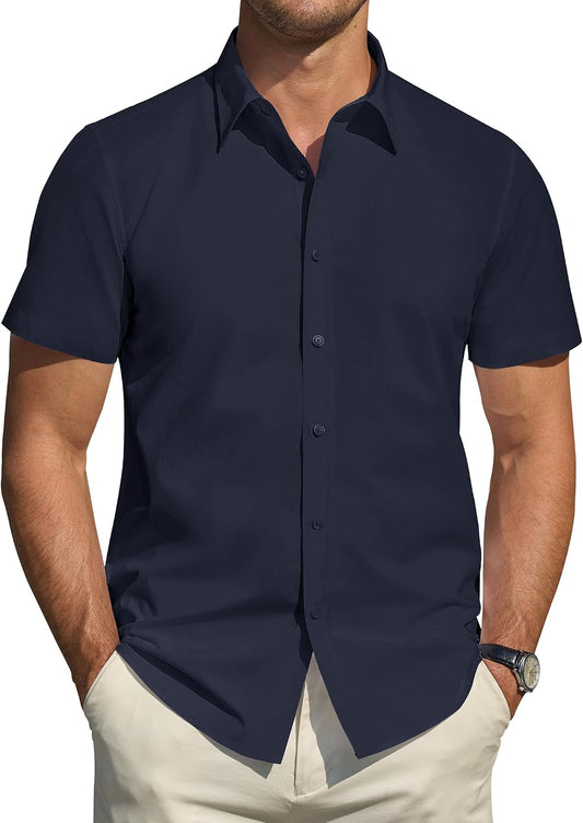 HOTJ.VER Men's Short Sleeve Dress Shirts Stretch Stain Shield Casual Button Down Shirts Solid Formal Shirt