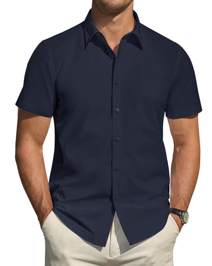 HOTJ.VER Men's Short Sleeve Dress Shirts Stretch Stain Shield Casual Button Down Shirts Solid Formal Shirt