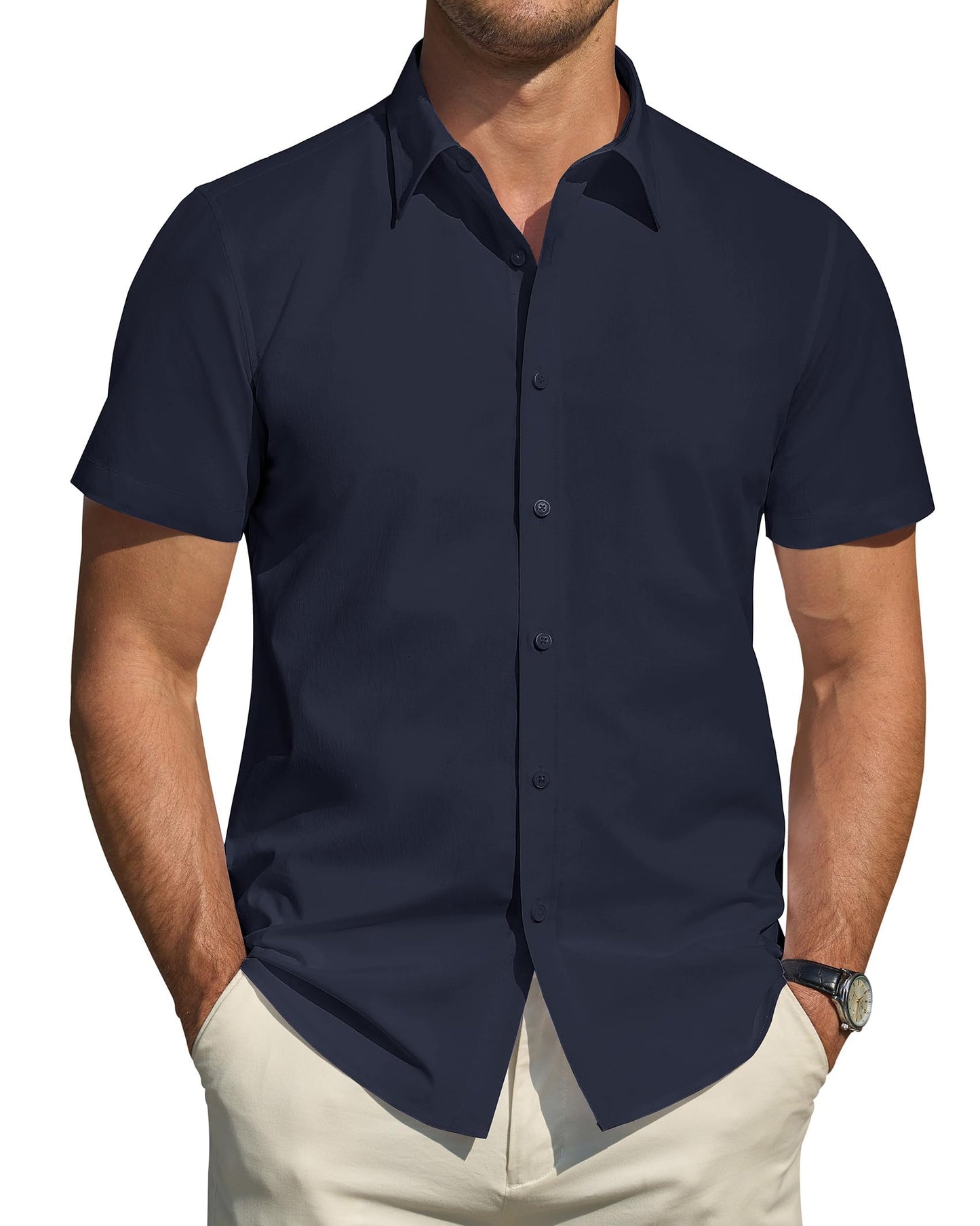 HOTJ.VER Men's Short Sleeve Dress Shirts Stretch Stain Shield Casual Button Down Shirts Solid Formal Shirt