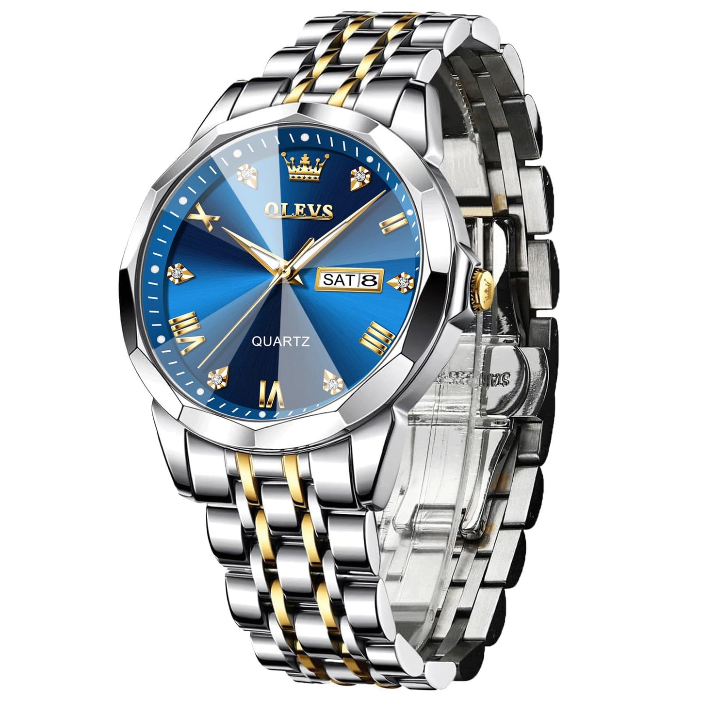 HOTOLEVS Men's Casual Stainless Steel Watch, Big Face Easy to Read Analog Quartz Watch with Day and Date, Classic Waterproof Diamond Roman Arabic Numeral Dial Dress Watch for Men, Gold Silver Black Band