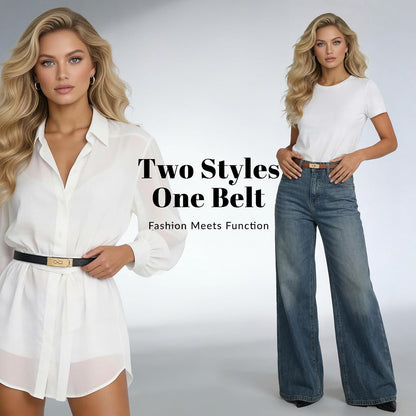 HOT2 Pack Women Skinny Leather Belt for Dresses Jeans Solid Color Alloy Turn Lock