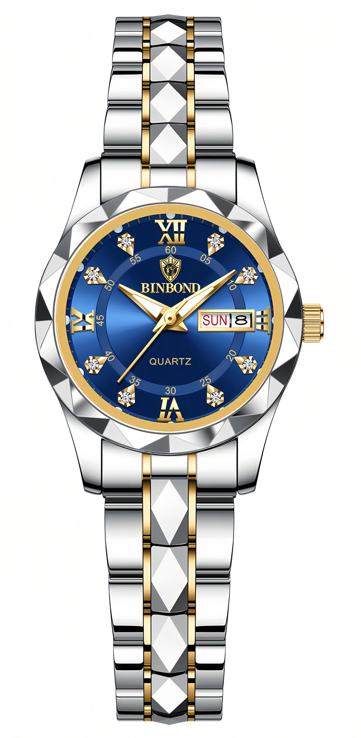 HOTGosasa Luxury Men's and Women's Business Diamond Stainless Steel Waterproof Roman Numeral Analog Quartz Watch with Day-Date Calendar, Gold and Silver Tone