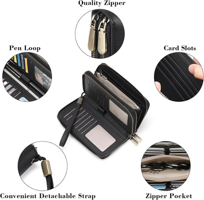 HOTGAEKEAO Wallet for Women Clutch Leather RFID Blocking Wristlet Purse Zip Around Wallets Large Capacity Credit Card Holder
