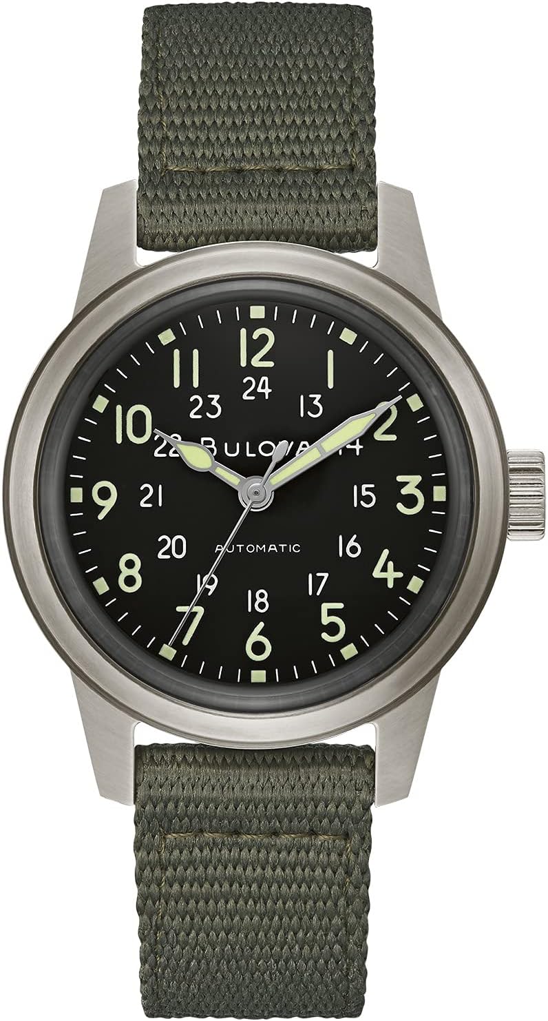 HOTBulova Men's Military Heritage Hack Veteran's Watchmaking Initiative Watch in Stainless Steel with 3-Hand Automatic, Green NATO Strap Style: 96A259