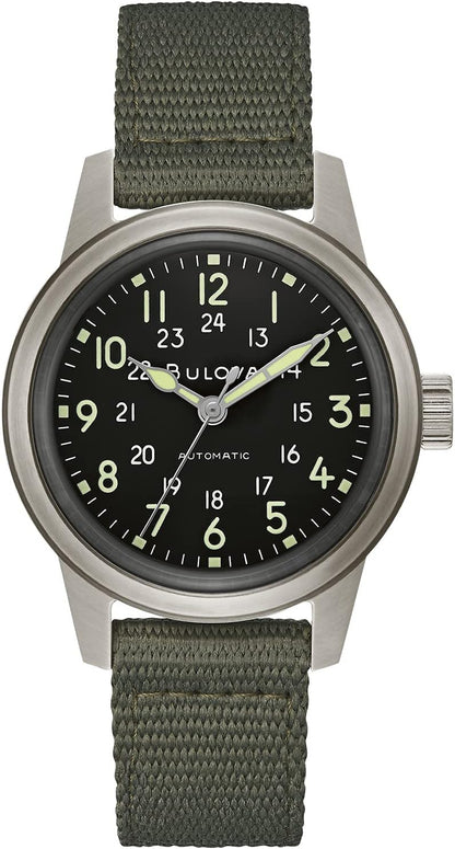 HOTBulova Men's Military Heritage Hack Veteran's Watchmaking Initiative Watch in Stainless Steel with 3-Hand Automatic, Green NATO Strap Style: 96A259