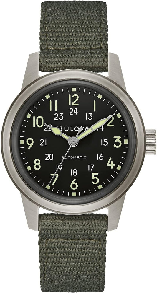 HOTBulova Men's Military Heritage Hack Veteran's Watchmaking Initiative Watch in Stainless Steel with 3-Hand Automatic, Green NATO Strap Style: 96A259