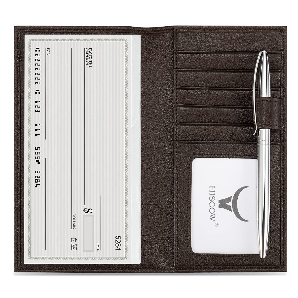 HOTHISCOW Leather Checkbook Cover with Card Slots & Pen Holder, Brown | Full grain cowhide, 5cc & ID window, personal check book & register pockets, removable duplicate divider, gifts for women men