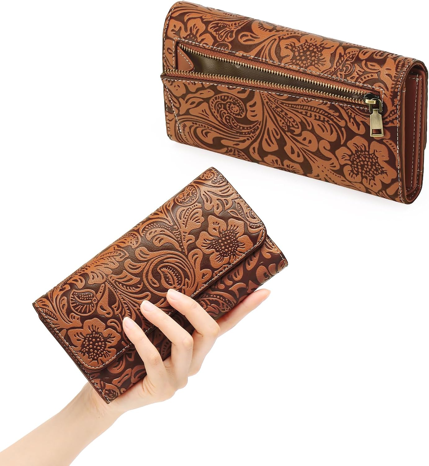 HOTGOIACII Leather Wallets for Women RFID Blocking Western Clutch Brown | Embossed Design, Trifold, Large Billfolds, Vintage Flower, Ladies Purses with Zipper Coin Pocket