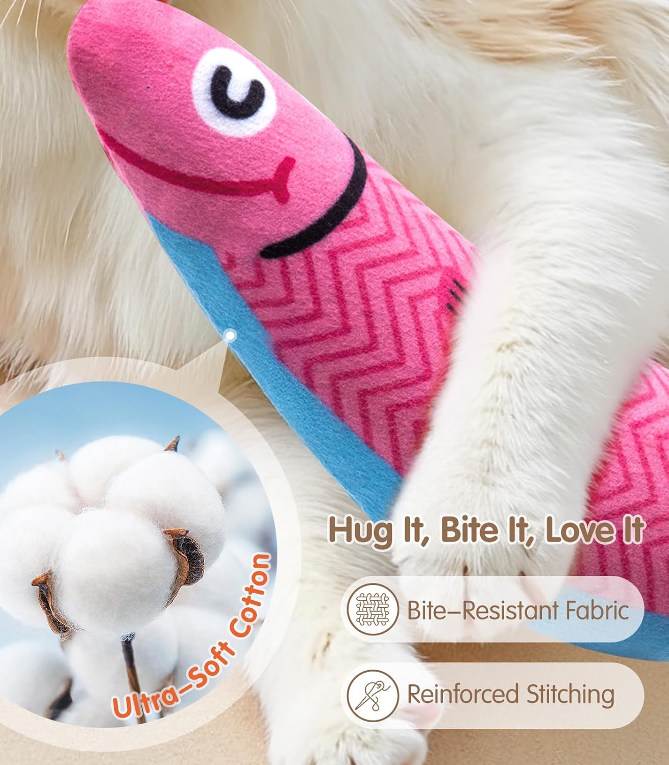 HOTPetBusy Cat Toys with[5000mg A+Natural Catnip &Silvervine] [Baby Grade] Interactive Soft Chew Kicker Cat Toys for Indoor Cats & Kittens, [Crinkle &Bell] Fish Sound Toy, Drives Bored Cat Crazy with Fun