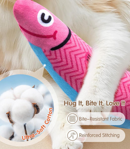 HOTPetBusy Cat Toys with[5000mg A+Natural Catnip &Silvervine] [Baby Grade] Interactive Soft Chew Kicker Cat Toys for Indoor Cats & Kittens, [Crinkle &Bell] Fish Sound Toy, Drives Bored Cat Crazy with Fun