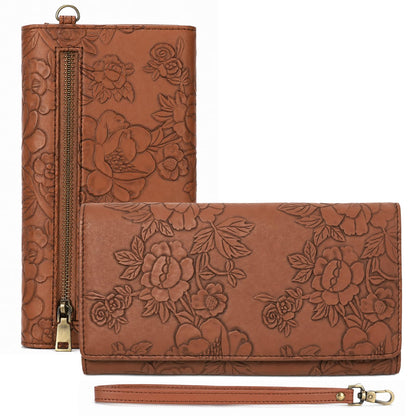 HOTGAEKEAO Wallets for Women Vegan Leather RFID Blocking Card Holder Trifold Ladies Long Purse Wristlet Clutch with 3 ID Windows