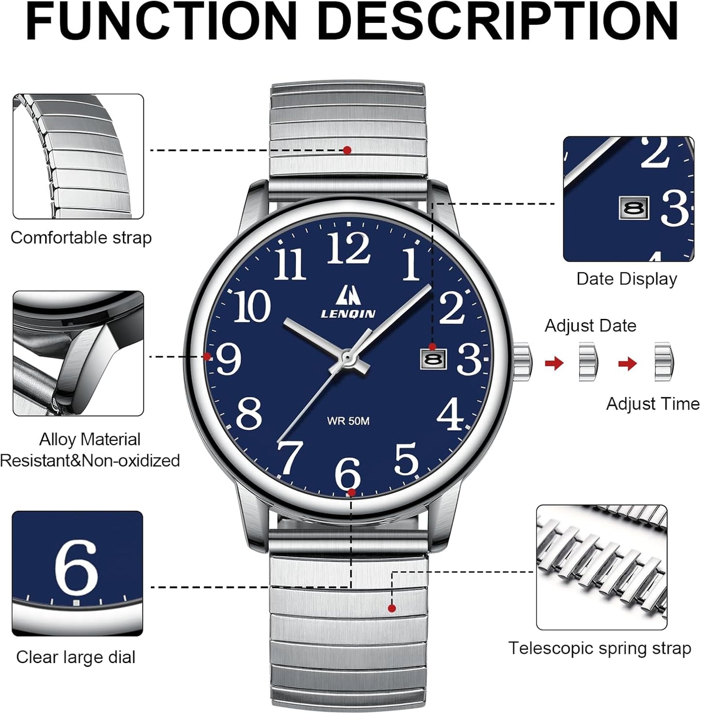 HOTLN LENQIN Mens Watches Easy Read Analog Quartz Waterproof Watch for Men | Sport watch with Date and 38mm Stainless Steel Expansion Band,3ATM Daily Waterproof, Minimalist Business Style