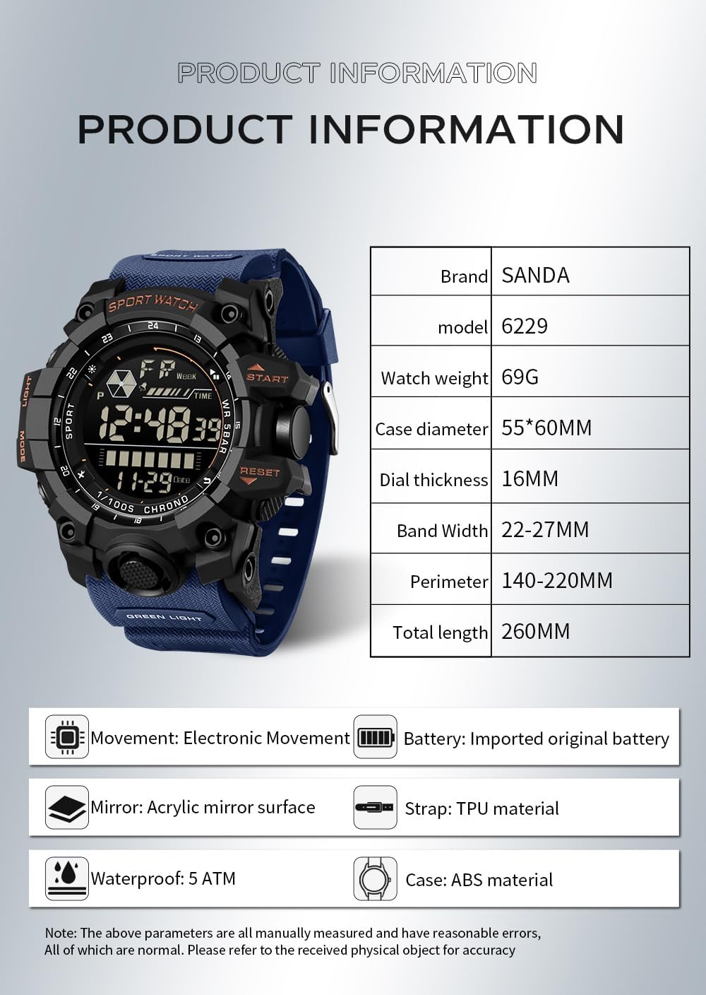 HOTFANMIS Mens Military Multifunction Digital LED Watch Electronic Waterproof Alarm Quartz Sports Watch