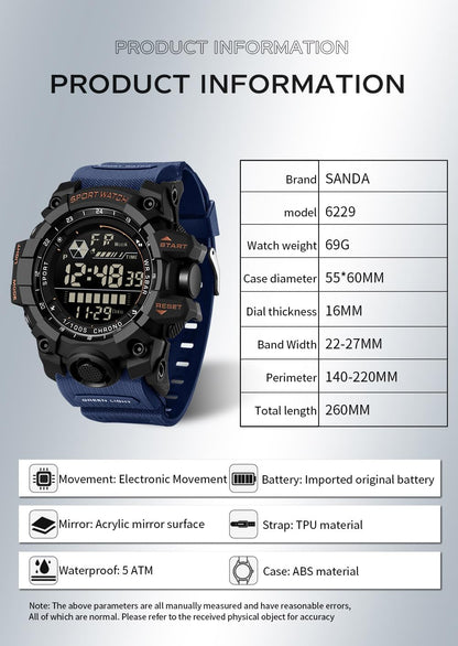 HOTFANMIS Mens Military Multifunction Digital LED Watch Electronic Waterproof Alarm Quartz Sports Watch