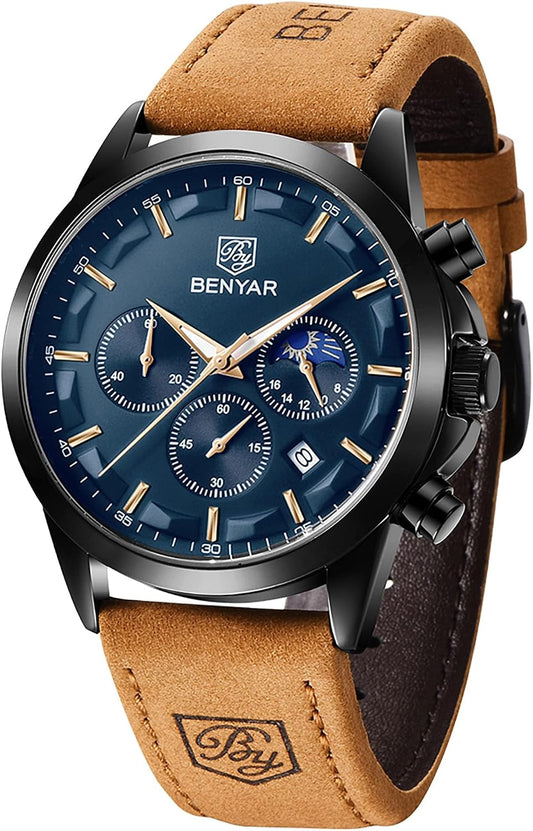 HOTBENYAR Mens Watches Analog Quartz Chronograph Waterproof Wrist Watches for Men Fashion Business Work Casual Sport Designer Dress Watch with Calendar Elegant Gifts for Men
