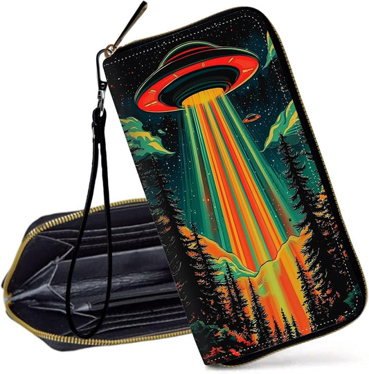 HOTRFID Blocking Wristlet Wallet for Women, Slim PU Leather Clutch Purse with Zipper, Small Credit Card Holder with Wrist Strap, Travel Zip Wallet for Ladies,Colorful alien UFO