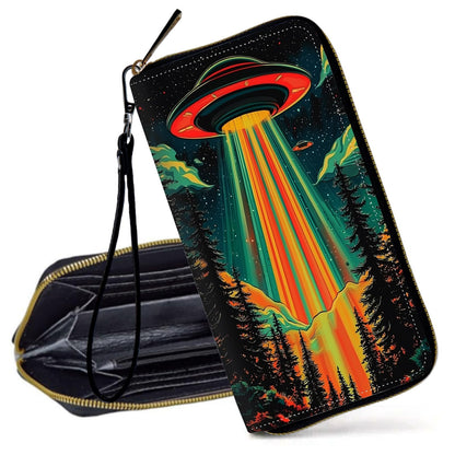 HOTRFID Blocking Wristlet Wallet for Women, Slim PU Leather Clutch Purse with Zipper, Small Credit Card Holder with Wrist Strap, Travel Zip Wallet for Ladies,Colorful alien UFO