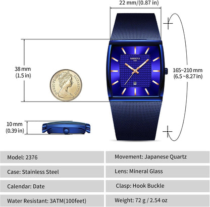 HOTNIBOSI Men's Analog Watch, Square Dial Mesh Strap, Date Display | 100 FT Waterproof, Fashion Casual Sports Business Classic Dress Quartz Wrist Watches for Men
