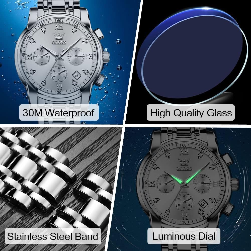 HOTOLEVS Men's Stainless Steel Chronograph Watch, Big Face Gold Silver Black Tone Easy to Read Analog Quartz Watch, Luxury Waterproof Date Diamond Roman Arabic Numerals Dial Dress Watch for Men