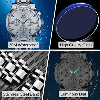 HOTOLEVS Men's Stainless Steel Chronograph Watch, Big Face Gold Silver Black Tone Easy to Read Analog Quartz Watch, Luxury Waterproof Date Diamond Roman Arabic Numerals Dial Dress Watch for Men