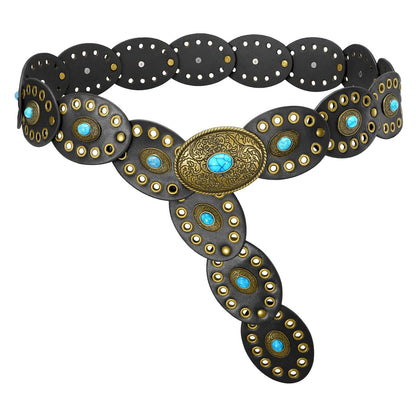 HOTVONMELLI Women Western Disc Belt Cowgirl Concho Leather Belts for Dress Wide Boho Waist Belt for Concert Outfits