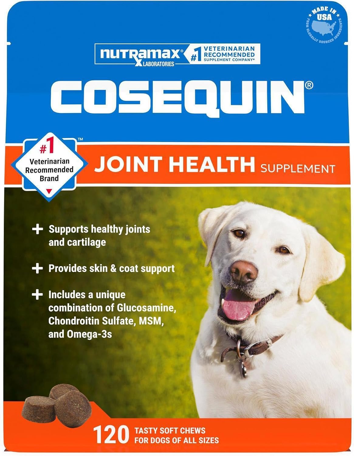HOTNutramax Cosequin Joint Supplement for Dogs, Skin & Coat, Soft Chews,120ct | Glucosamine & Chondroitin for Dogs with MSM, Omega-3s, Supports Joints, Skin and Coat Health, All Ages & Sizes