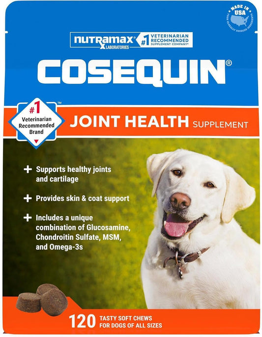 HOTNutramax Cosequin Joint Supplement for Dogs, Skin & Coat, Soft Chews,120ct | Glucosamine & Chondroitin for Dogs with MSM, Omega-3s, Supports Joints, Skin and Coat Health, All Ages & Sizes