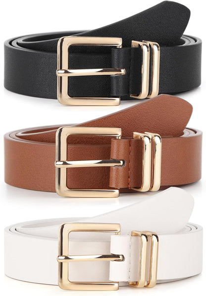 HOTPack 3 Women Belts for Jeans Pants, Fashion Gold Buckle Leather Belts