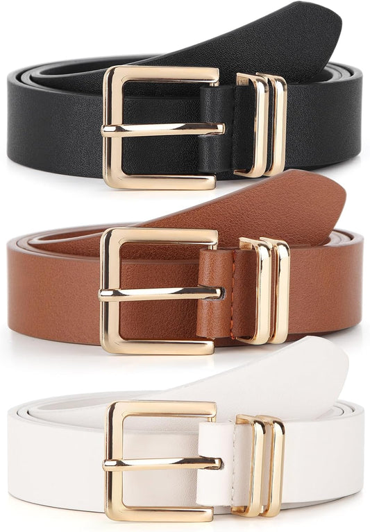 HOTPack 3 Women Belts for Jeans Pants, Fashion Gold Buckle Leather Belts