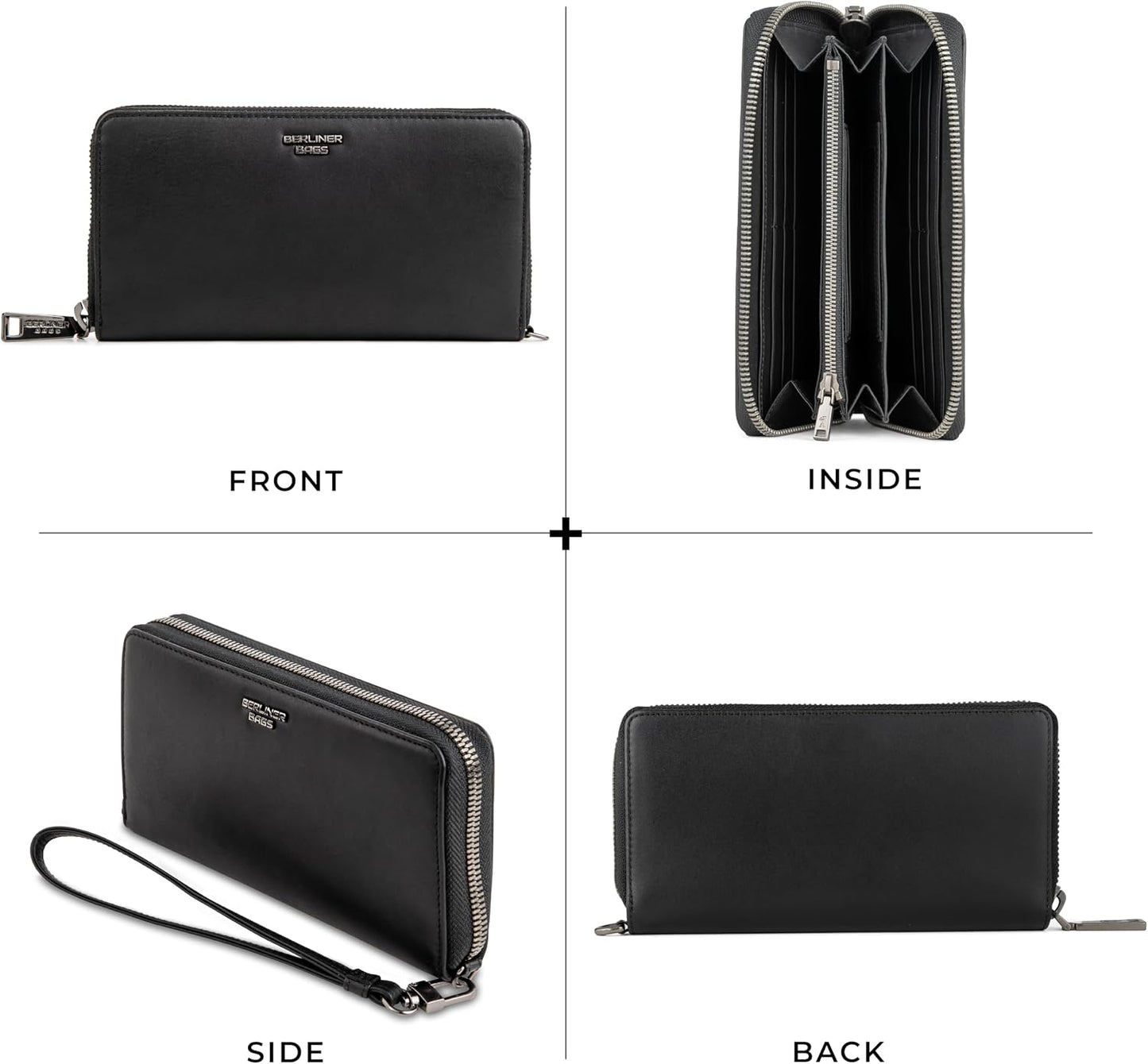 HOTBERLINER BAGS Genuine Leather Zip Wallet Women Lyon, Gift Box – Black | Soft Leather Zip Around Wallet, Fits up to Phone 6.9", 15 Card Slots, 1 ID Window, 3 Bill Slots, 1 Coin Pocket, RFID Blocking