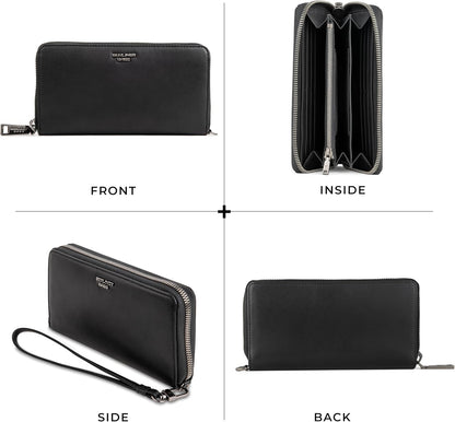 HOTBERLINER BAGS Genuine Leather Zip Wallet Women Lyon, Gift Box – Black | Soft Leather Zip Around Wallet, Fits up to Phone 6.9", 15 Card Slots, 1 ID Window, 3 Bill Slots, 1 Coin Pocket, RFID Blocking