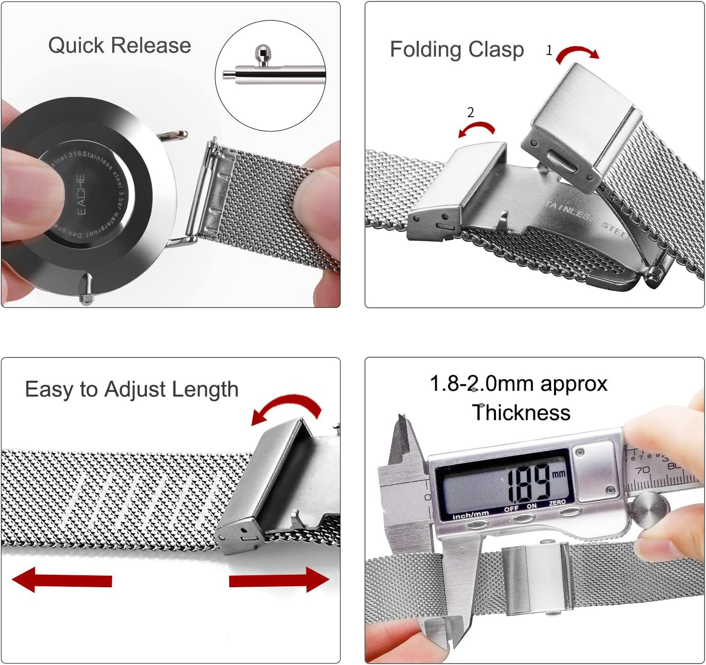 HOTEACHE Stainless Steel Mesh Watch Band for Men Women, Quick Release Mesh Watch Straps 12mm 14mm 16mm 18mm 20mm 22mm