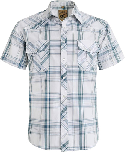 HOTCOEVALS CLUB Men's Western Cowboy Short Sleeve Pearl Snap Casual Plaid Work Shirts