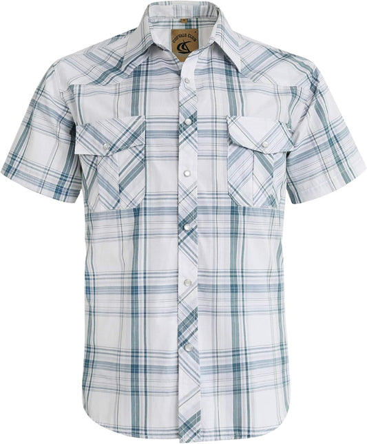 HOTCOEVALS CLUB Men's Western Cowboy Short Sleeve Pearl Snap Casual Plaid Work Shirts