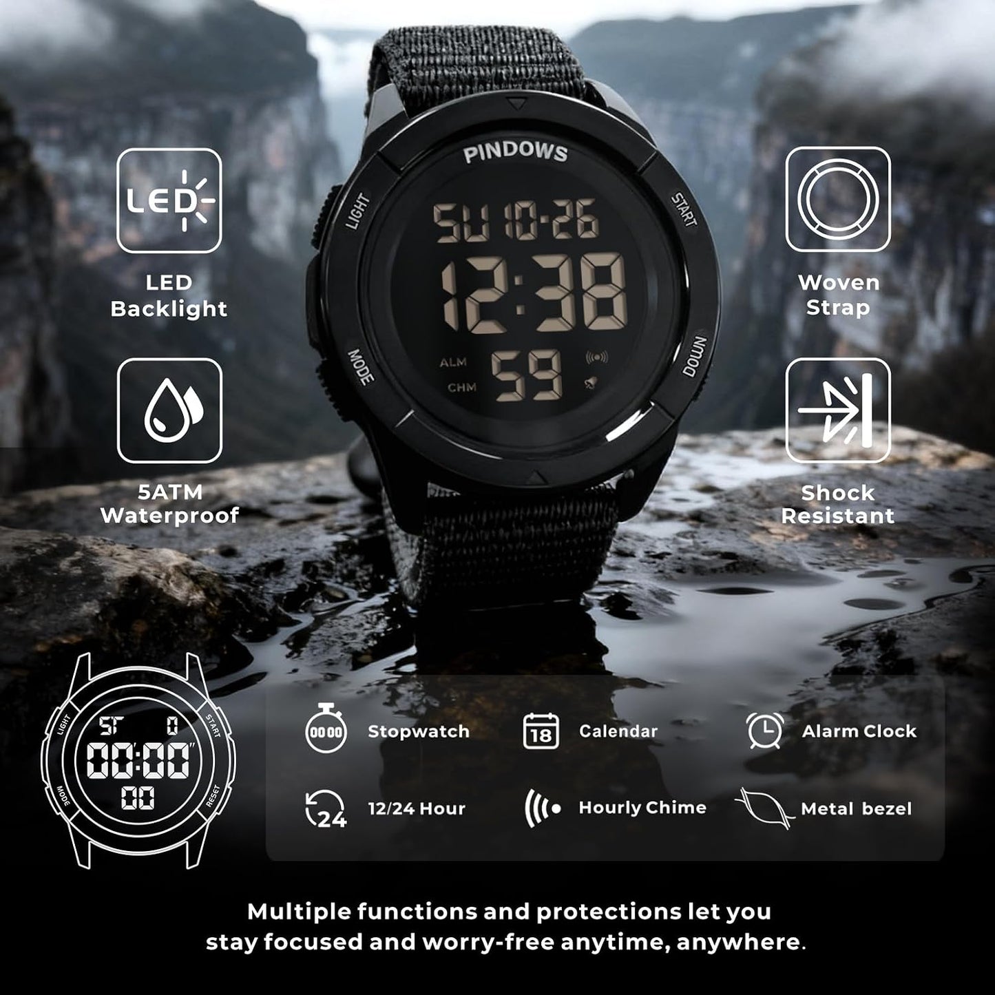 HOTPINDOWS Men's Digital Watch, 50M Waterproof Military Tactical Sport | 10M drop-resistant case, 3X bright LED backlight, and an infinitely adjustable breathable nylon band for a custom fit
