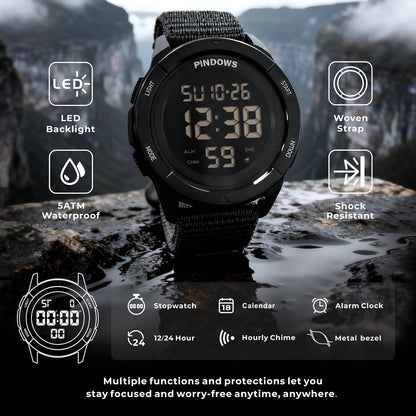HOTPINDOWS Men's Digital Watch, 50M Waterproof Military Tactical Sport | 10M drop-resistant case, 3X bright LED backlight, and an infinitely adjustable breathable nylon band for a custom fit