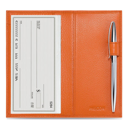 HOTHISCOW Leather Checkbook Cover for Duplicate Checks with Pen Holder | Full grain cowhide, personal check book & register pockets, removable vinyl divider, durable stitching, gifts for women men
