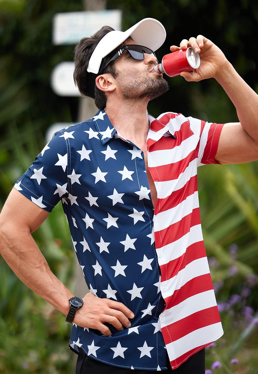 HOTArvilhill Men American Flag Button Shirt 4th of July Short Sleeve Shirts (S-3XL)