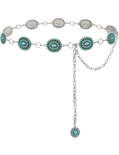 HOTTurquoise Chain Belt for Women, Western Cowgirl Concho Belt | Turquoise Concho Accents with Silver Chains for Western, Cowgirl, Rodeo, Festival and Denim Looks