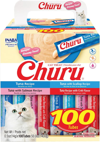 HOTINABA Churu Cat Treats, Lickable, Squeezable Creamy Purée with Vitamin E, 0.5 Ounces per Tube, 100 Tubes Total, Tuna Variety