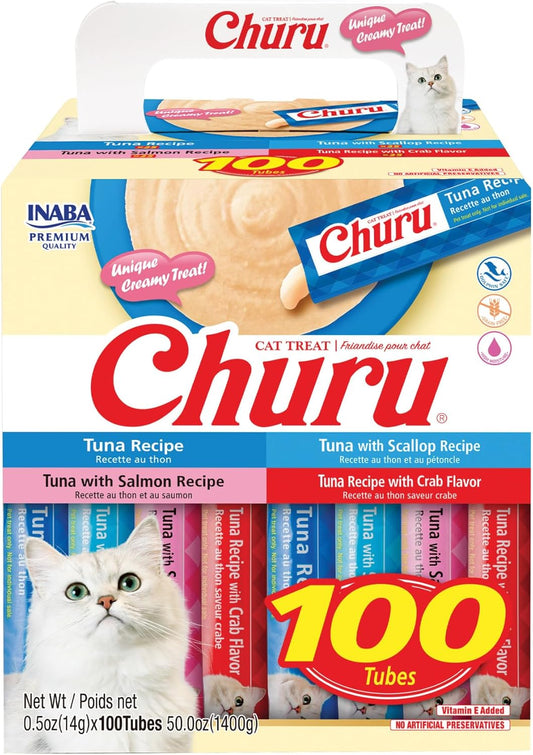 HOTINABA Churu Cat Treats, Lickable, Squeezable Creamy Purée with Vitamin E, 0.5 Ounces per Tube, 100 Tubes Total, Tuna Variety