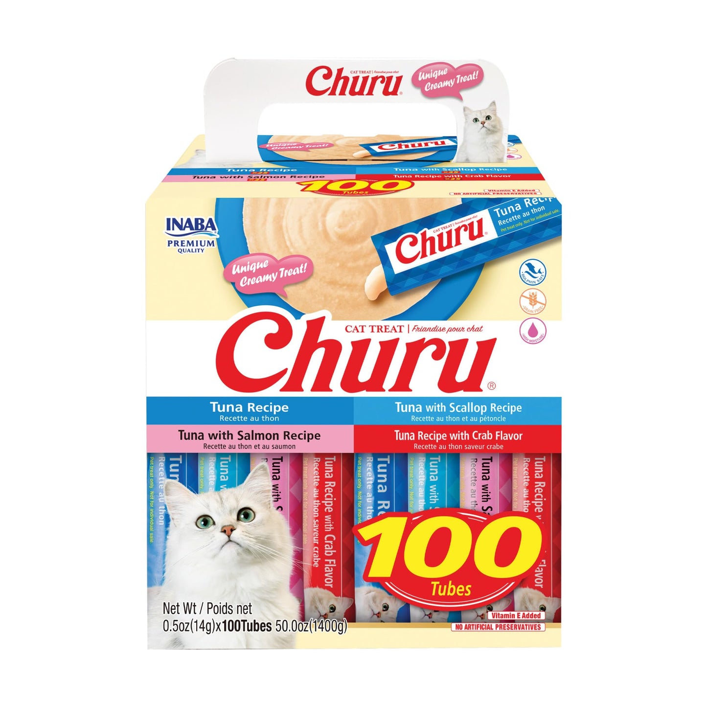 HOTINABA Churu Cat Treats, Lickable, Squeezable Creamy Purée with Vitamin E, 0.5 Ounces per Tube, 100 Tubes Total, Tuna Variety