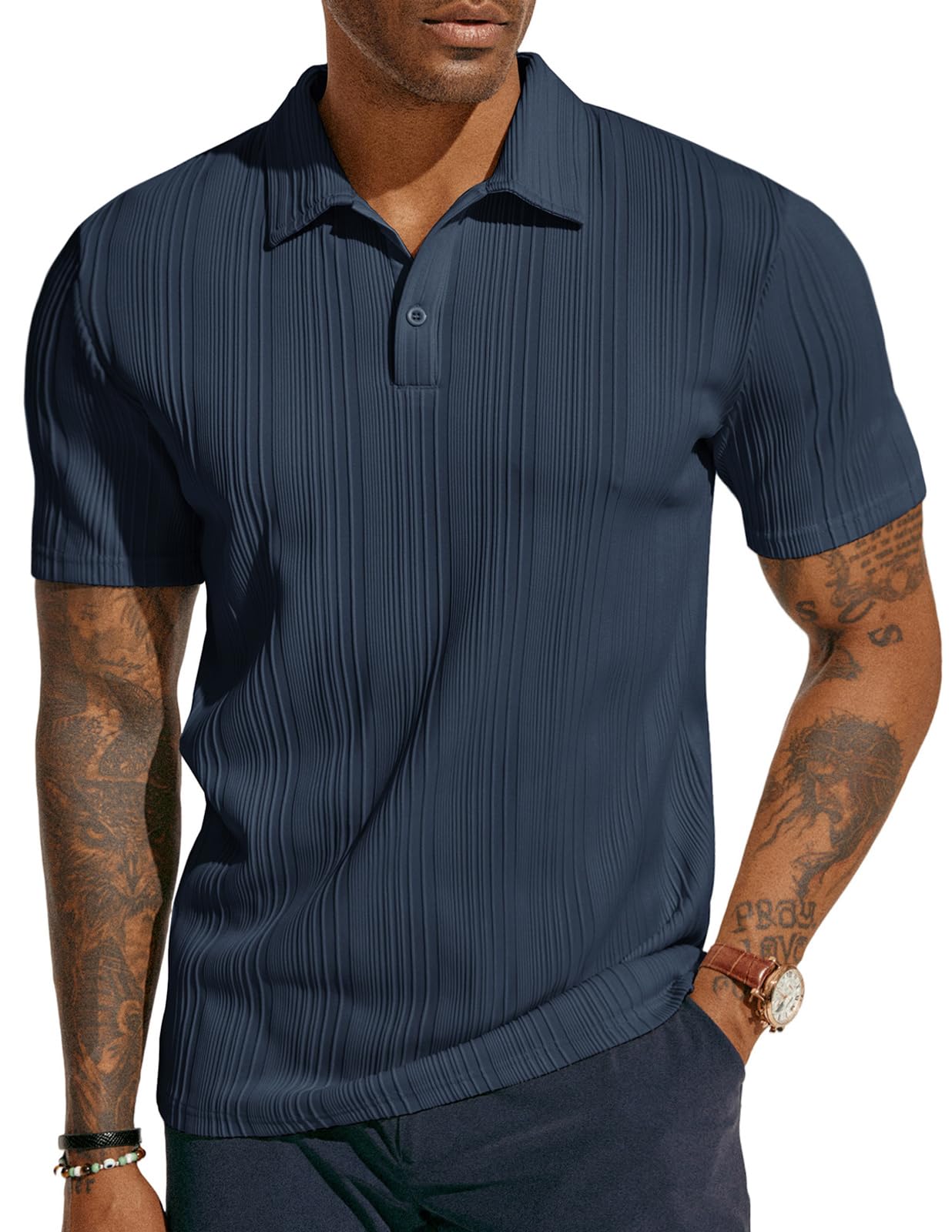 HOTPJ PAUL JONES Mens Polo Shirts Textured Knit Polo Stretchy Regular Fit Collared Golf Shirts