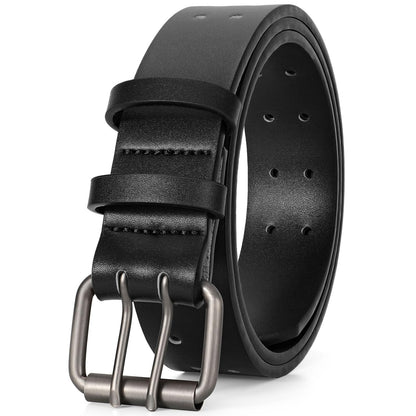 HOTJASGOOD Men Double Prong PU Leather Belt Casual Work Heavy Duty Belt Double Grommet Holes Belt for Jeans