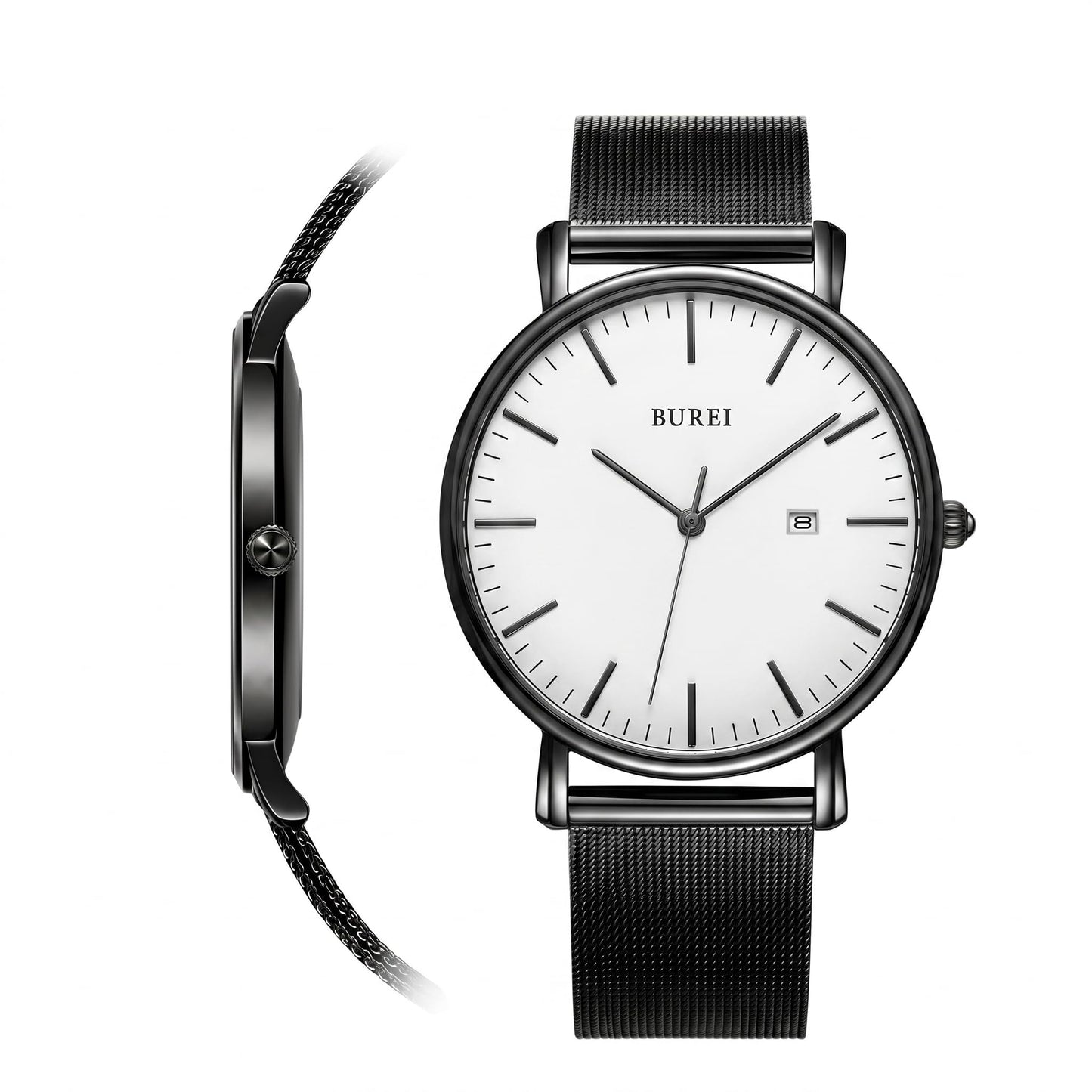 HOTBUREI Ultra Thin Minimalist Men Watch, All Black Stainless Steel Mesh Band,Analog Waterproof Casual Business Wristwatch, Gift for Father