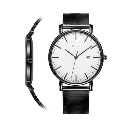HOTBUREI Ultra Thin Minimalist Men Watch, All Black Stainless Steel Mesh Band,Analog Waterproof Casual Business Wristwatch, Gift for Father