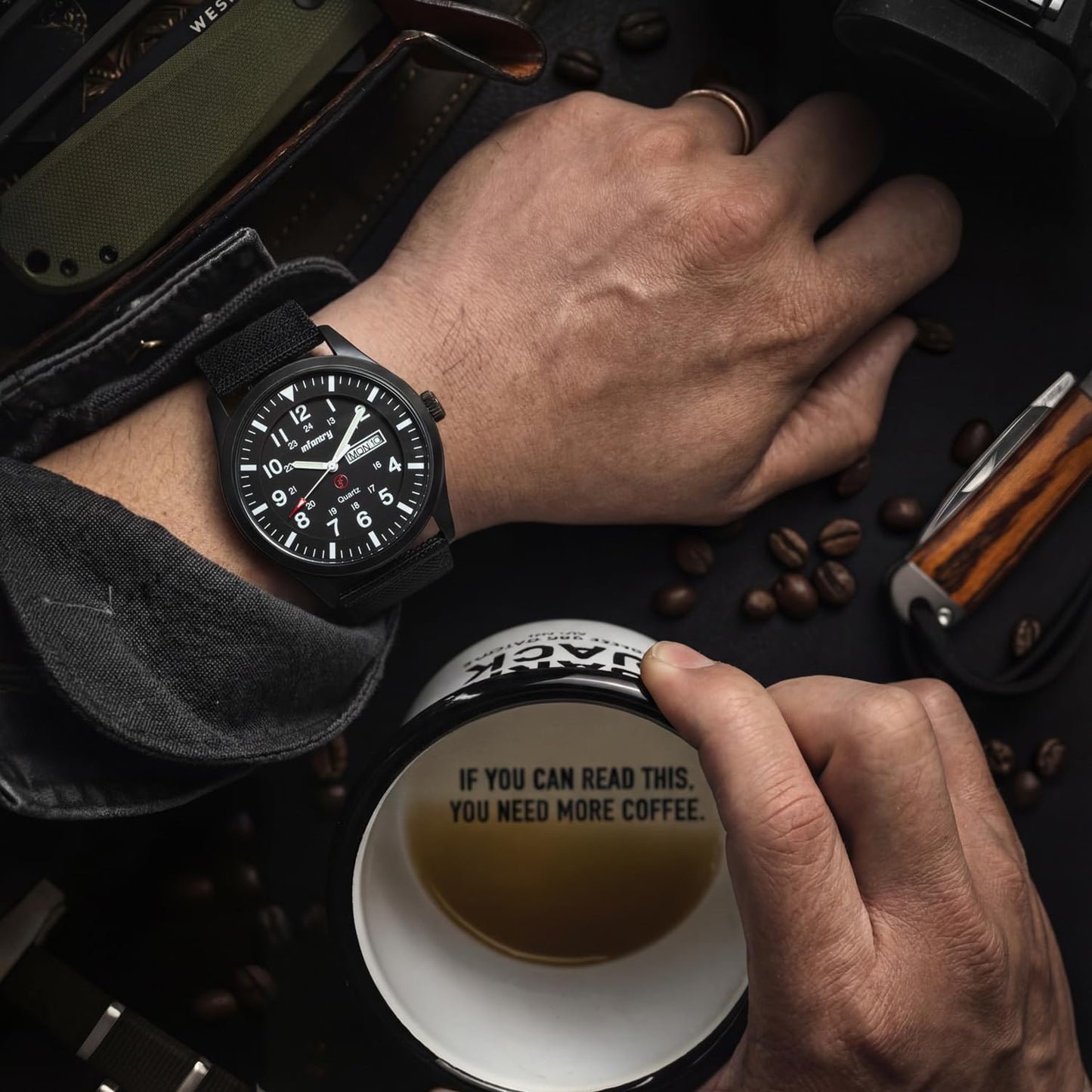 HOTInfantry Mens Military Field Watch, 12/24H Day Date, 5ATM Waterproof Nylon | Tactical Army Style, Analog Quartz, Day Date Window, Breathable Band for Outdoor Work Sport
