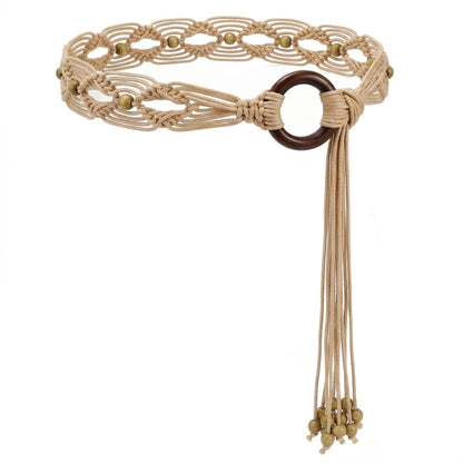 HOTWHIPPY Boho Braided Belt for Women Western Belt With Hand-Woven Wax Rope Country Tassel Belts for Dress, 2" Wide